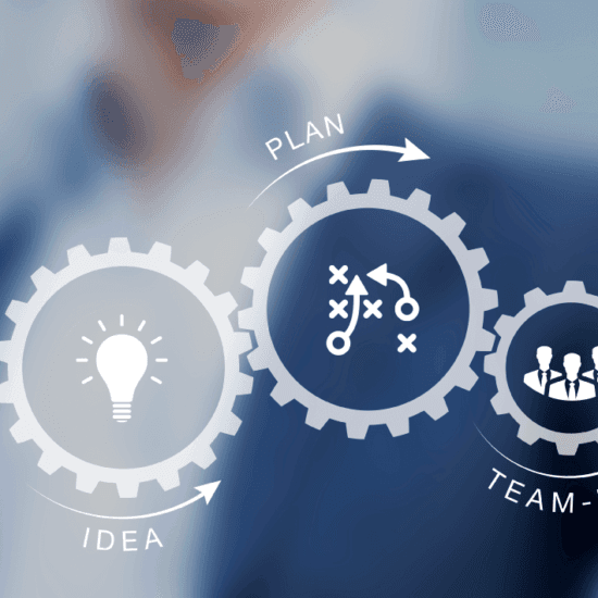 Interlocking gears with idea, plan, and team symbols for strategic consulting