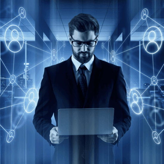 HR professional with laptop against digital network background for analytics-driven recruitment